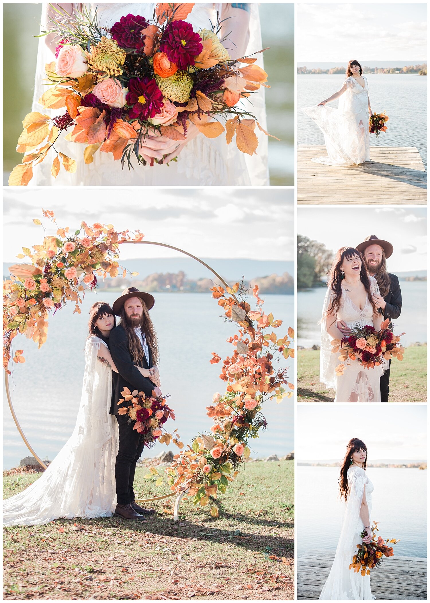 Boho wedding elopement in Chattanooga with wedding couple on the lake and dock