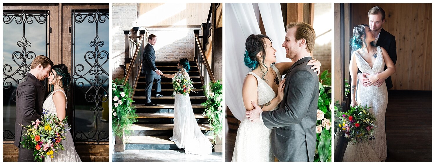 wedding couple in front of the venue door and on stairs in Cleveland, Tennessee
