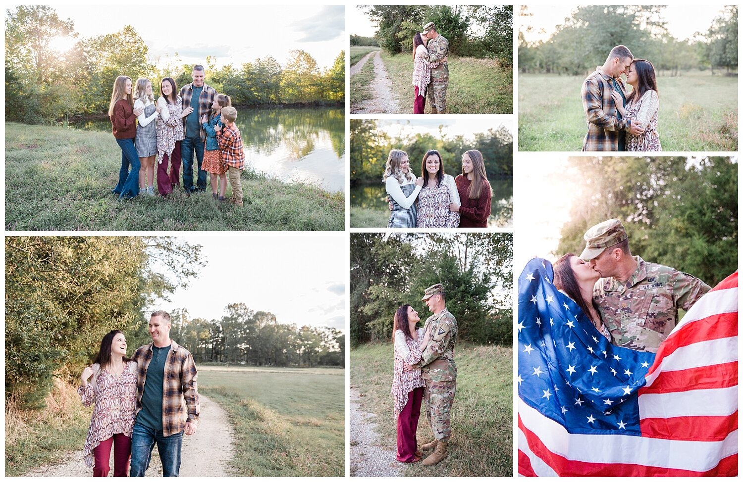 Blended family session on farm in northweest Georgia with American flag 