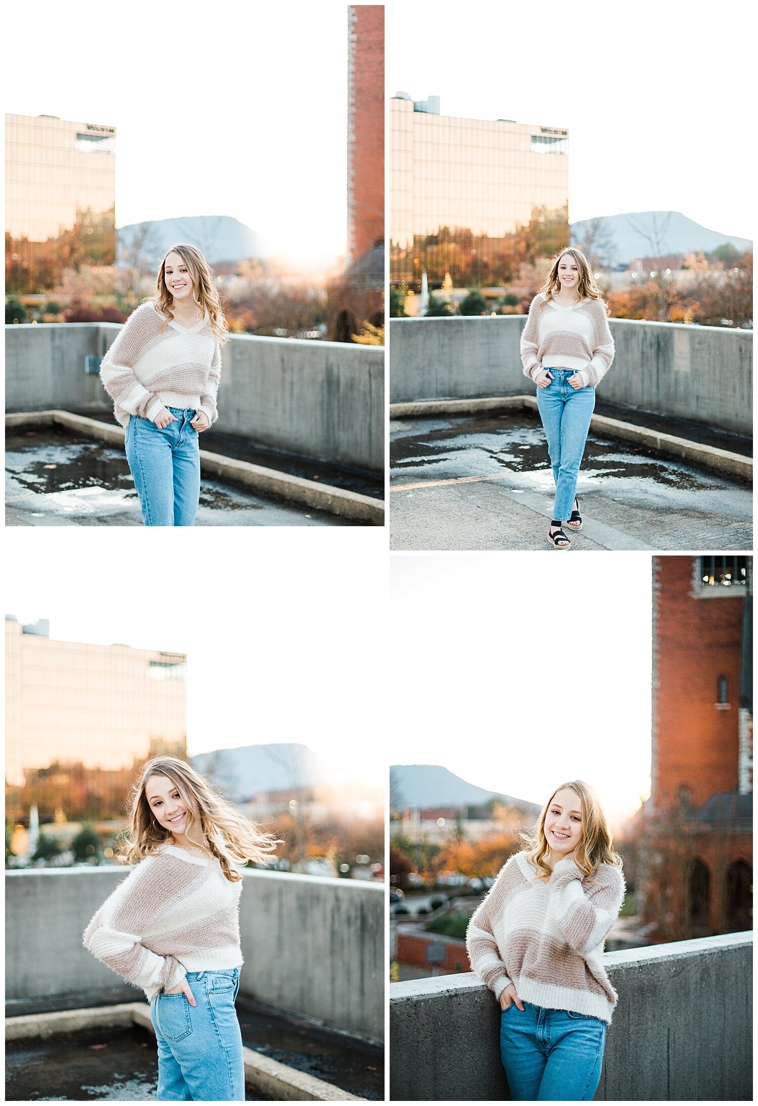 senior photography session posing on parking garage downown Chattanooga