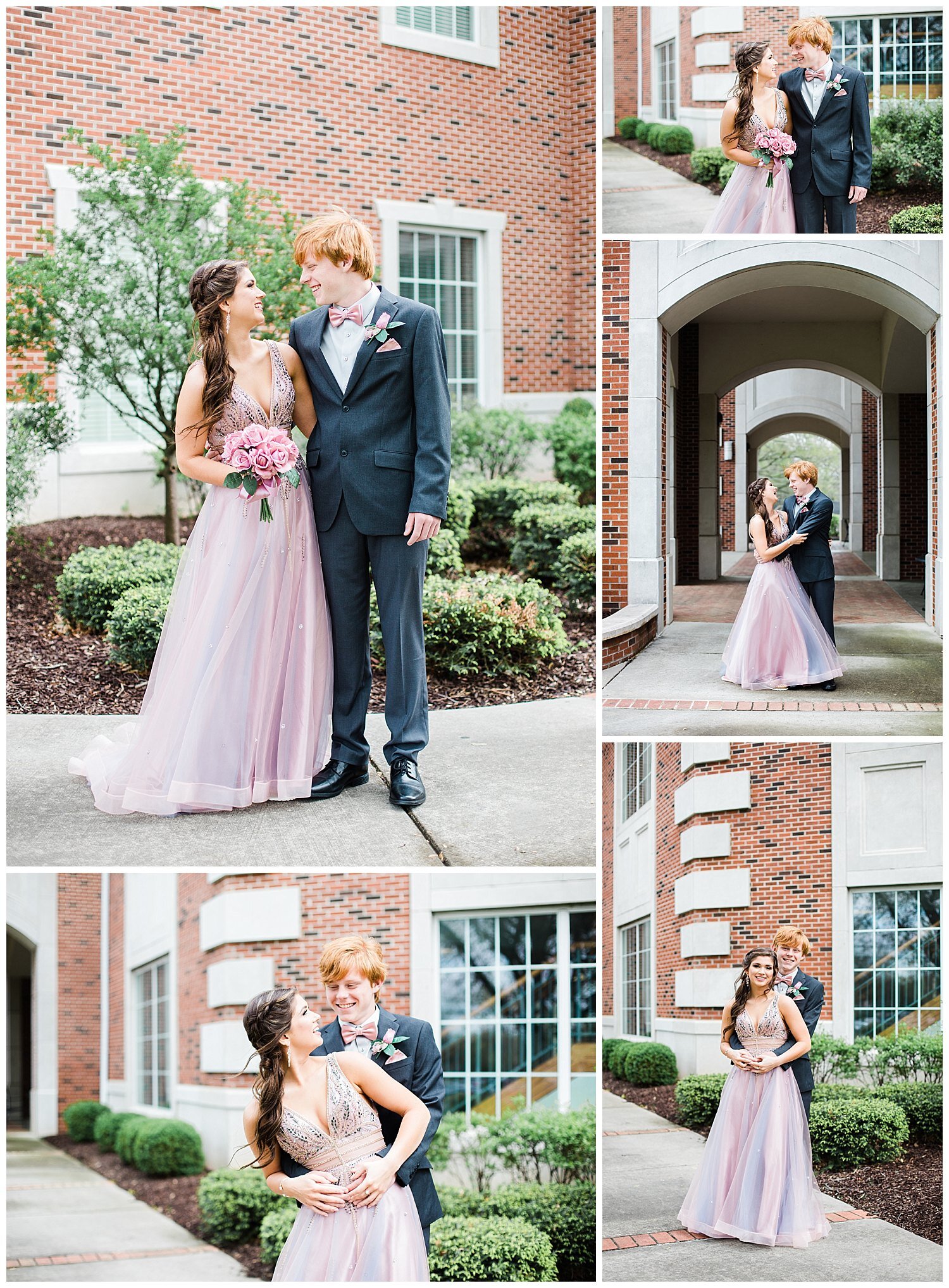 prom couple wearing pink posing in front of building