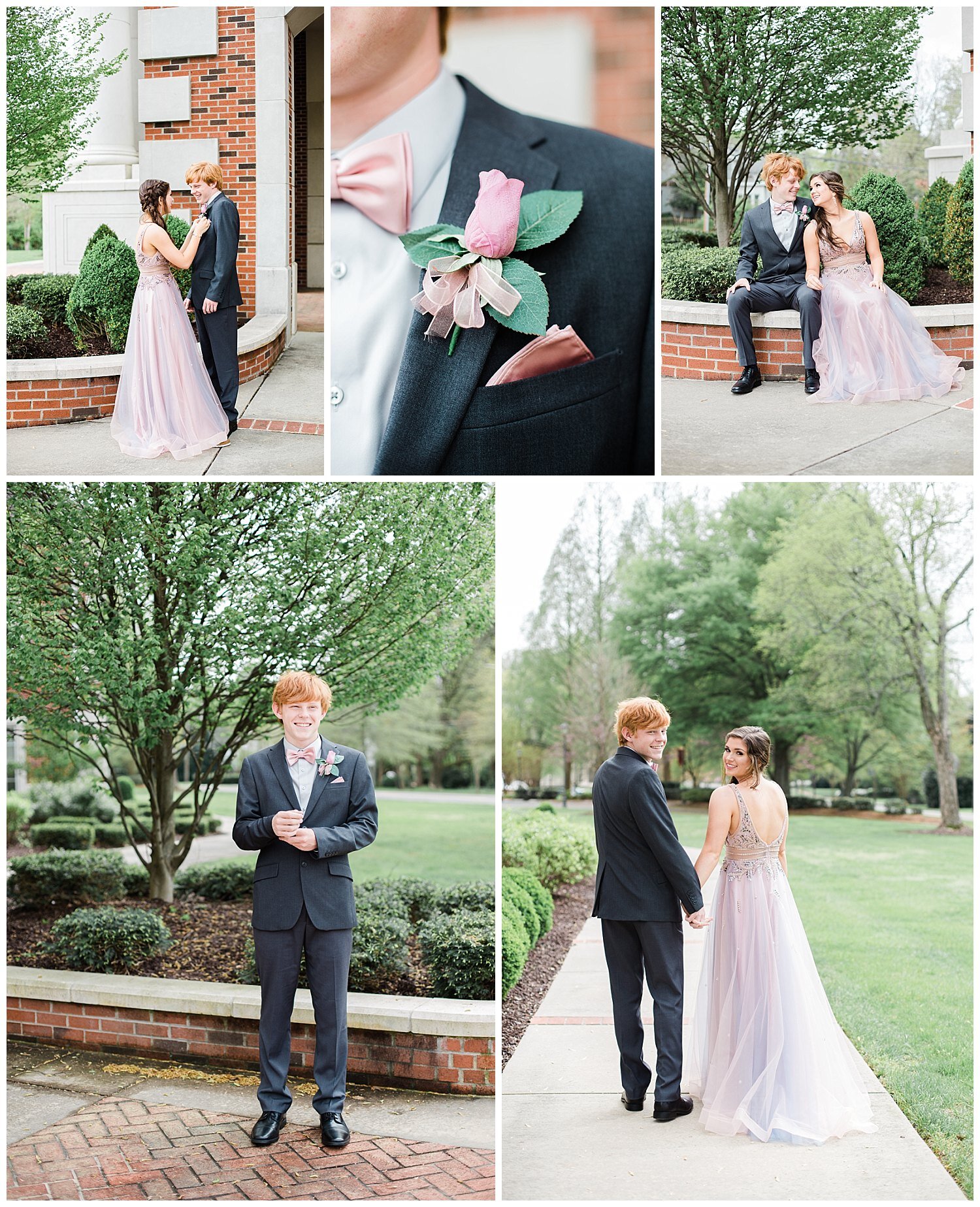 prom couple taking photos in front of college campus 