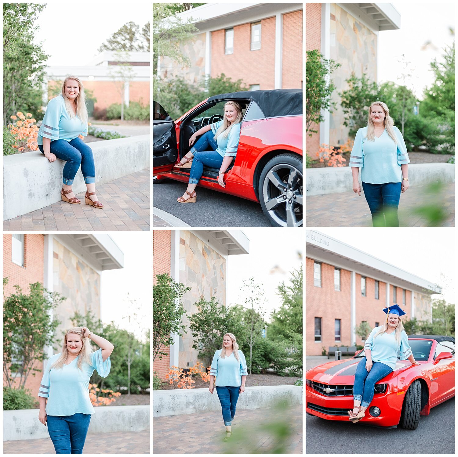 cleveland state tennessee campus with senior posing with red camaro car