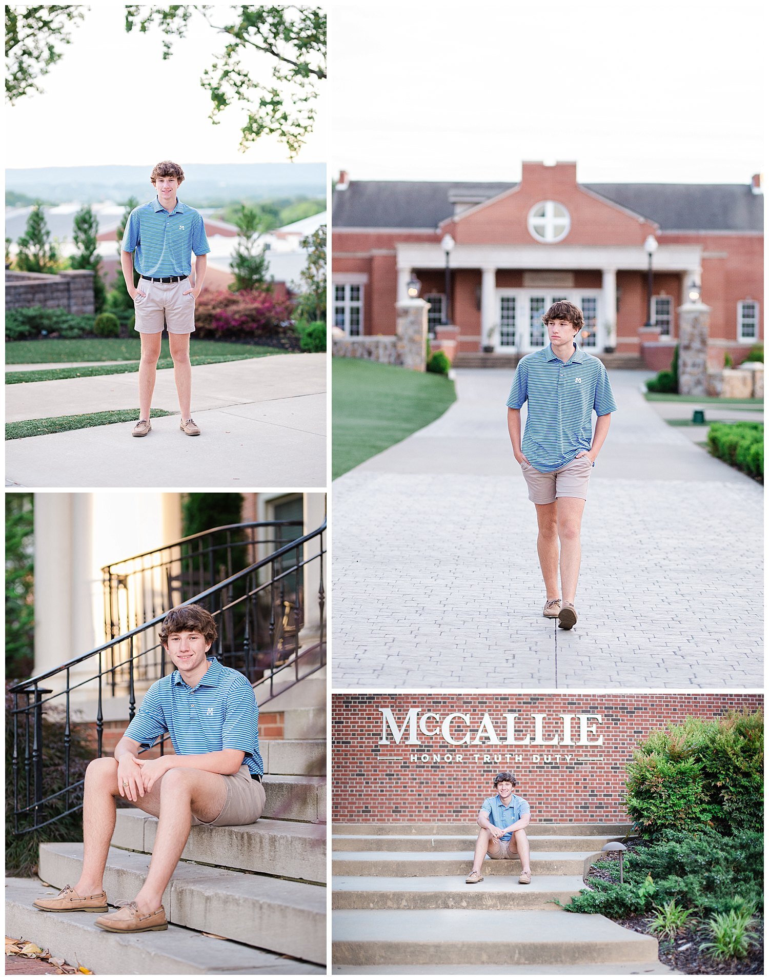 high school boy posing for senior photos at the McCallie School in Chattanooga