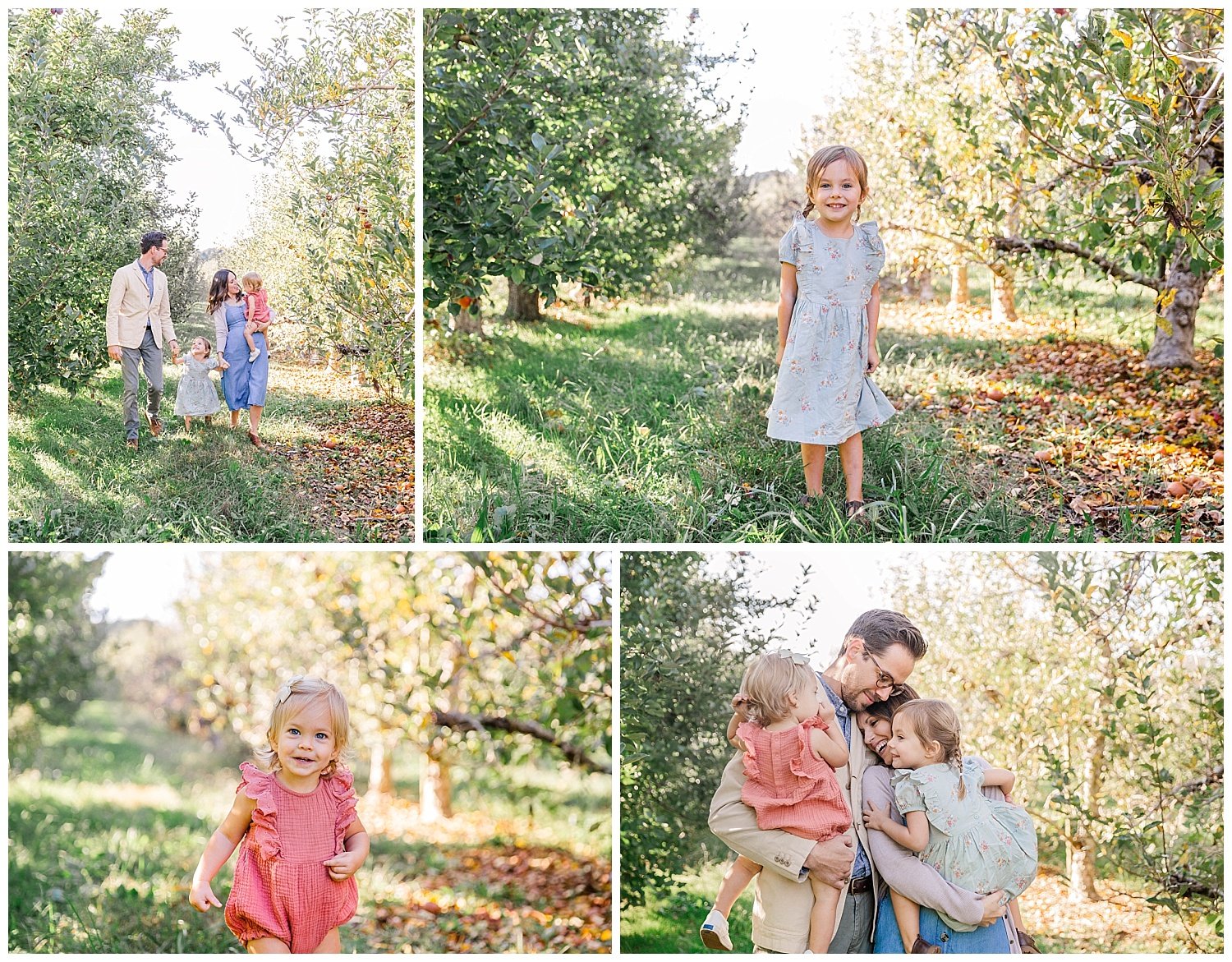 family posing for fall photos at apple orchard
