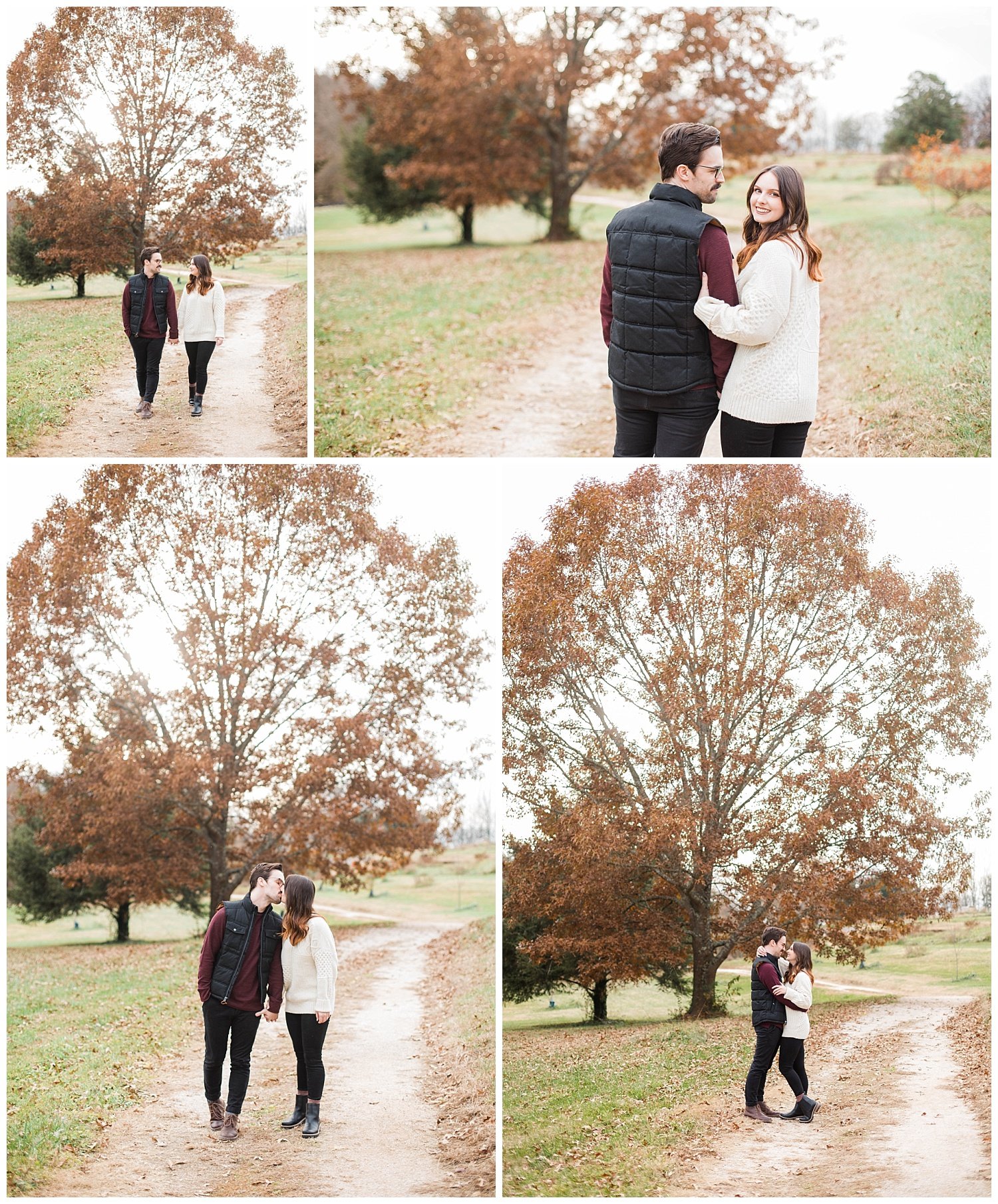 couple posing for engagement photos in front of a tree in Knoxville