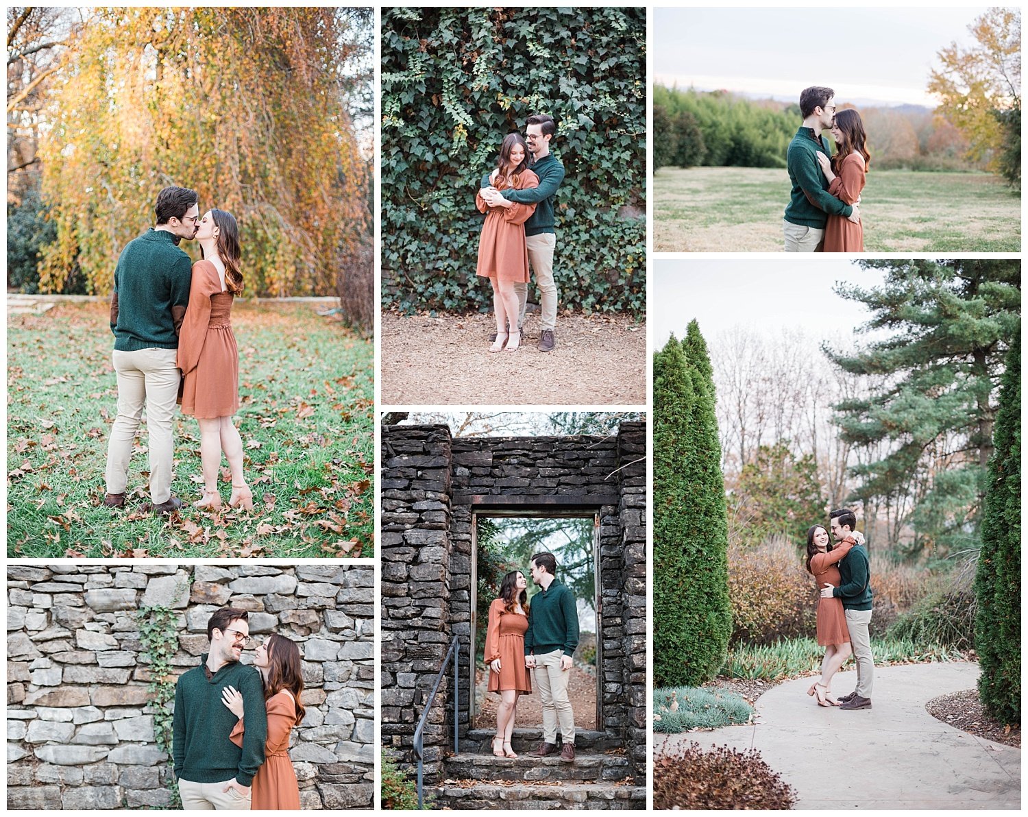 couple posing in front of a wall for photos at Knoxville Botanical Gardens