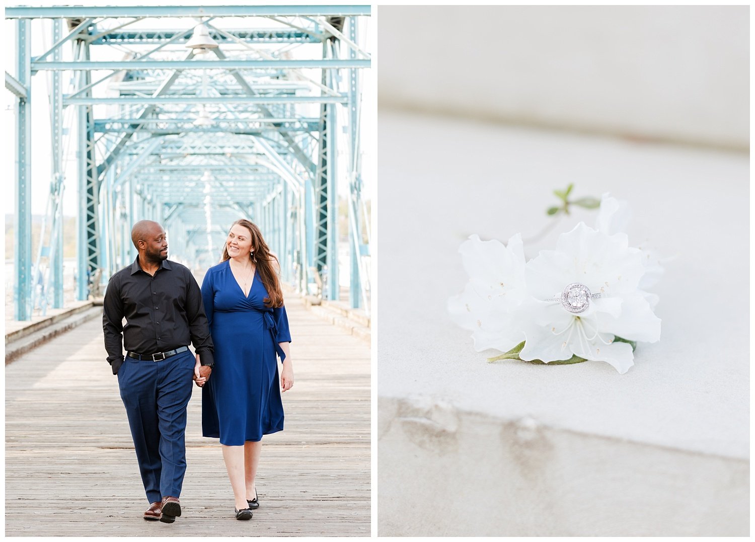 couple walking at engagement photos on the Walnut Street Bridge