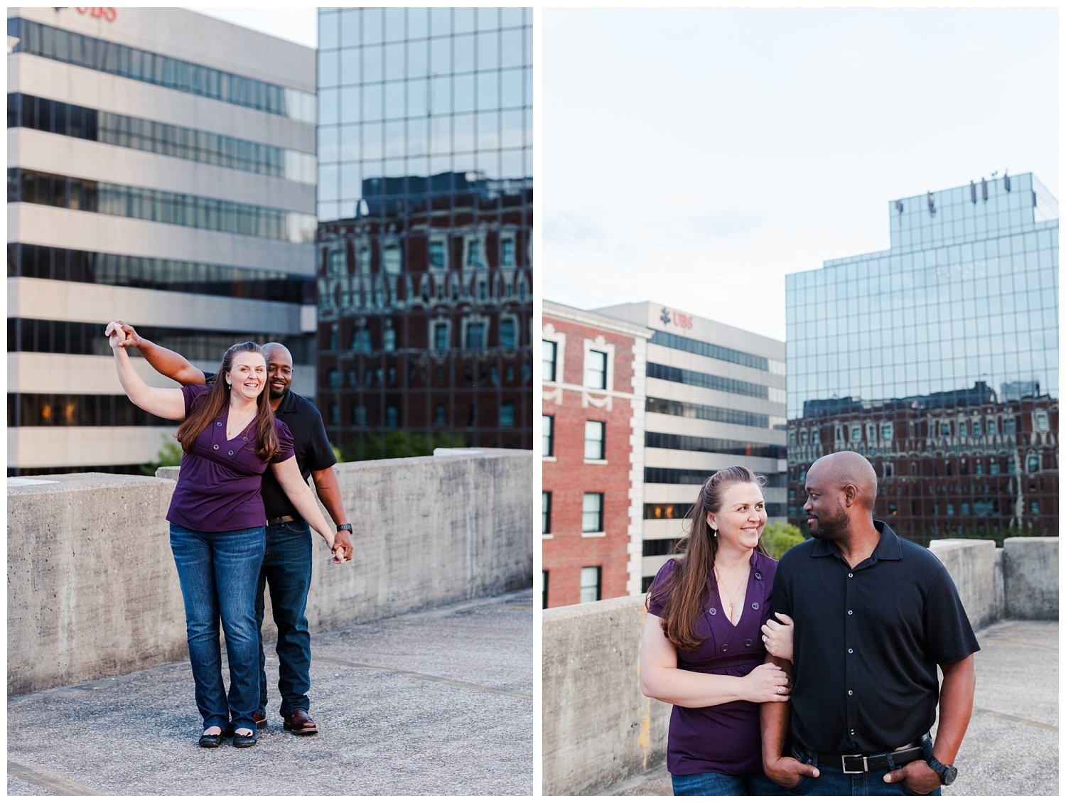 couple posing on the rooftop of the parking garage downtown Chattanooga