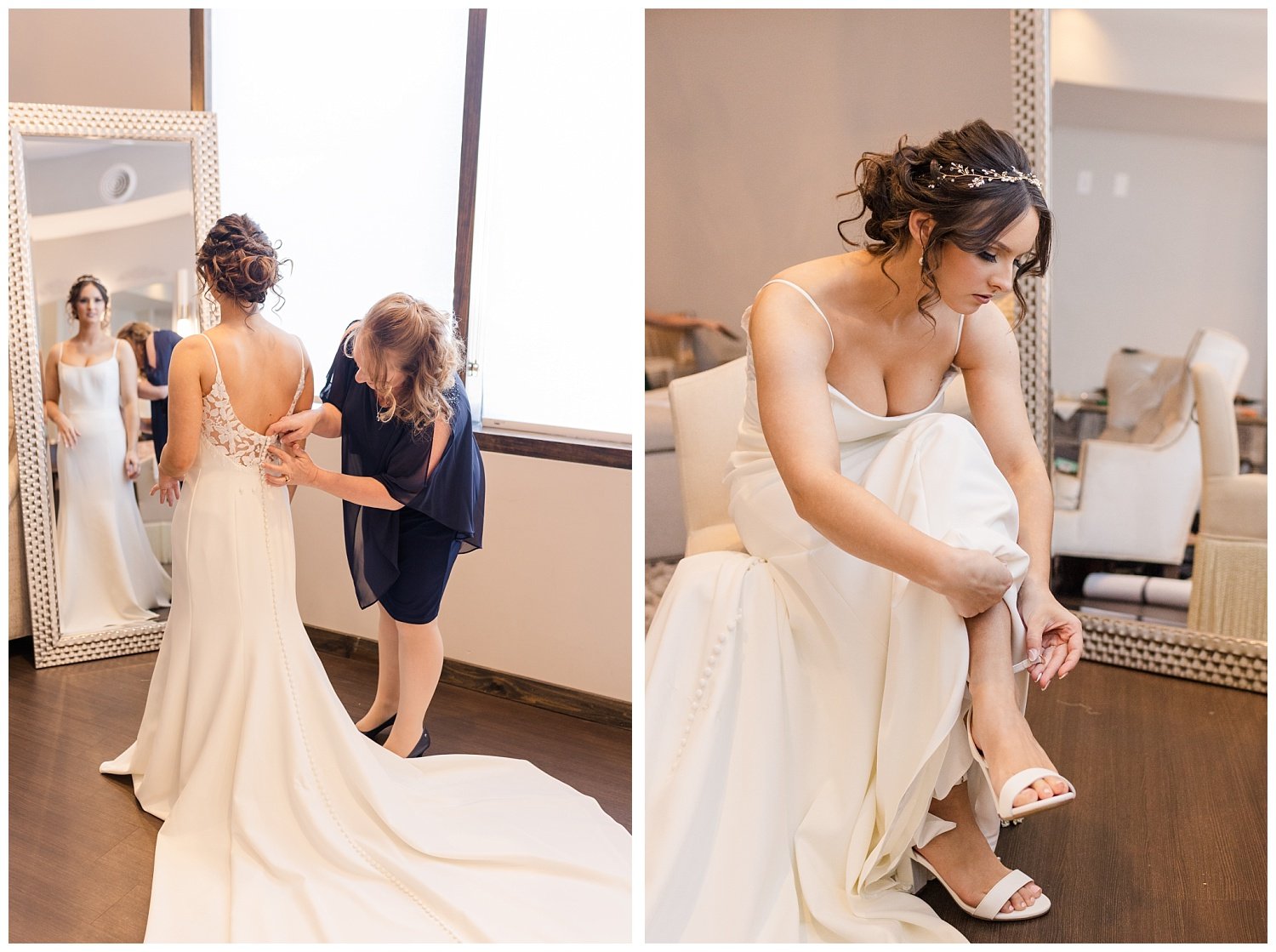 bride putting on her shoes in bridal suite