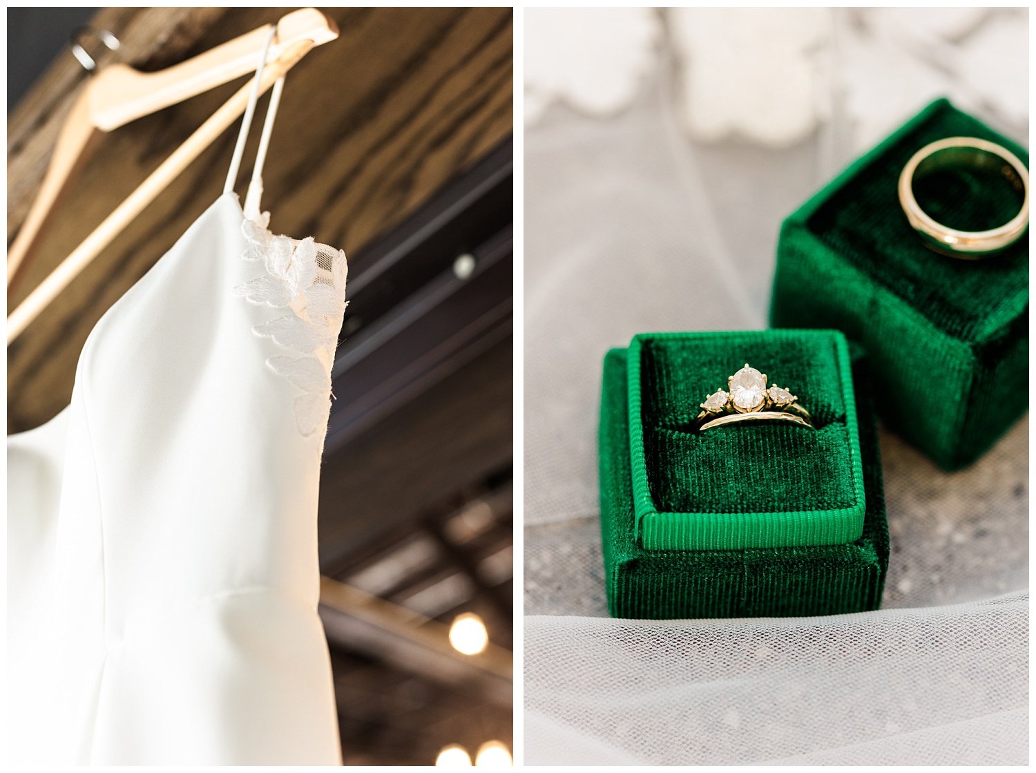 detail shots of rings and wedding dress 