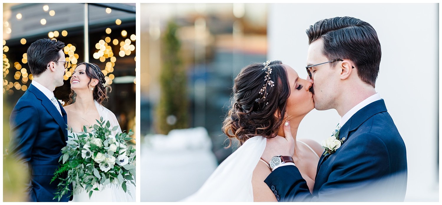 bride and groom kissing during portraits