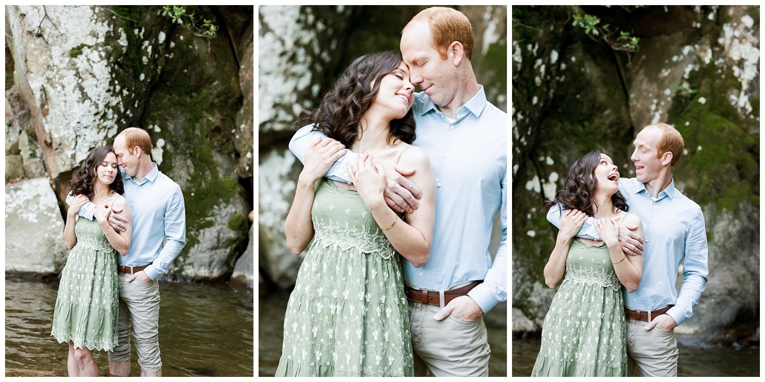 couple standing in water at Glen Falls for engagement photos