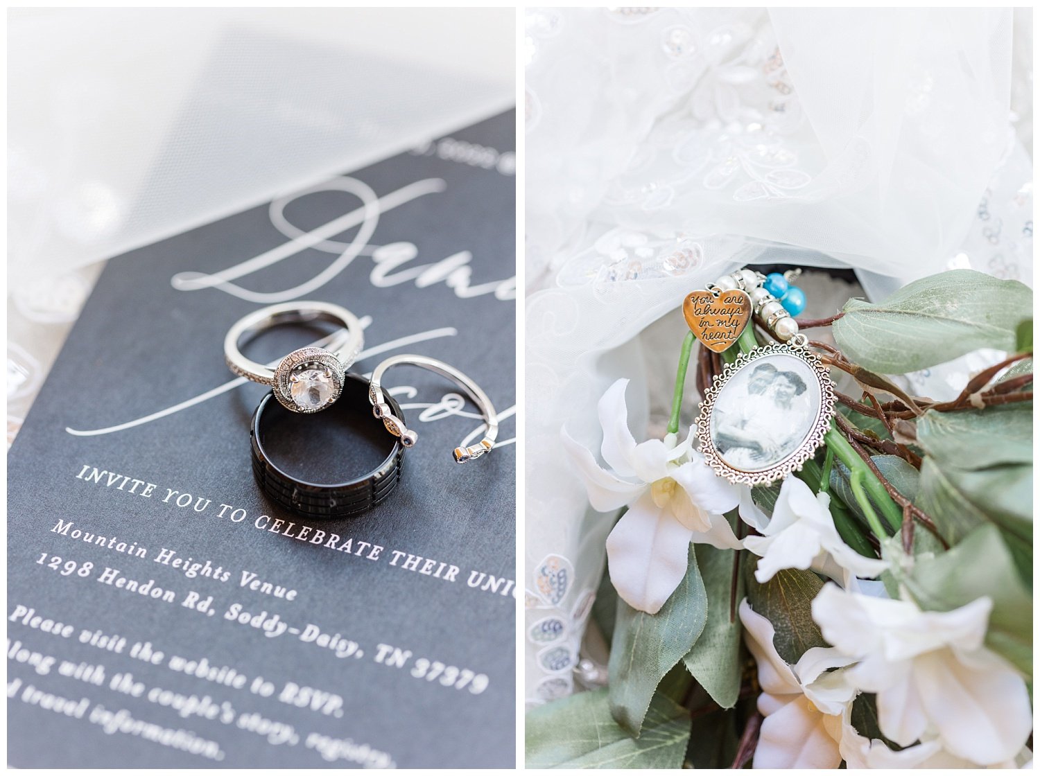 bridal flowers and wedding rings on invitation