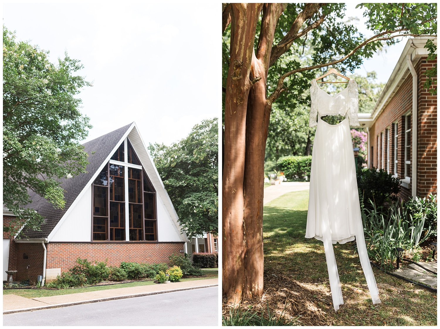 wedding dress hanging from a tree at a church in Chattanooga