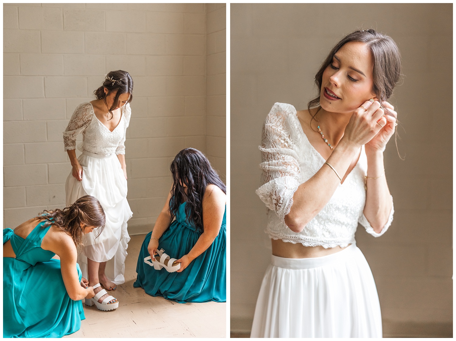 bride putting on her shoes while getting ready