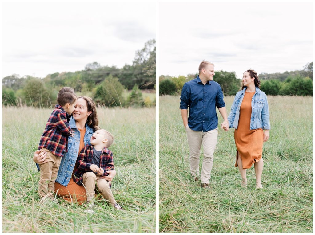 mom dad walking together in a field for fall mini session