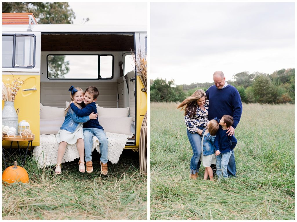 family posing together in a field for fall mini sessions in Chattanooga
