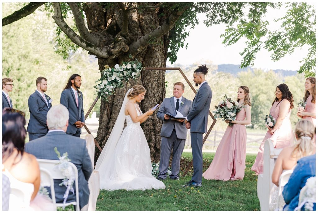 wedding ceremony in front of a large tree at The Gray Dove in Chattanooga