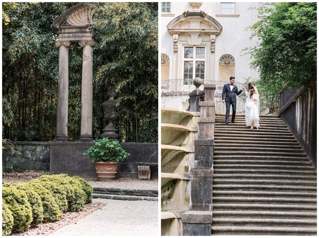 wedding couple walking down the staircase next to the cascade fountain at Swan House
