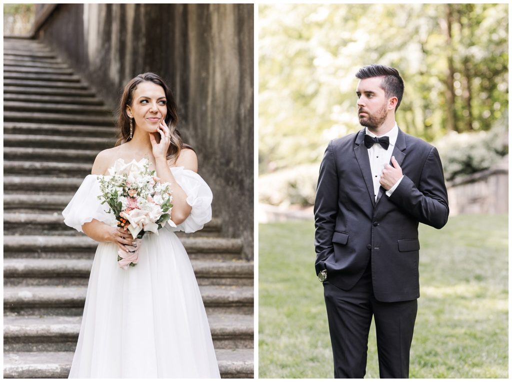 individual photos of bride and groom at spring styled shoot at Swan House
