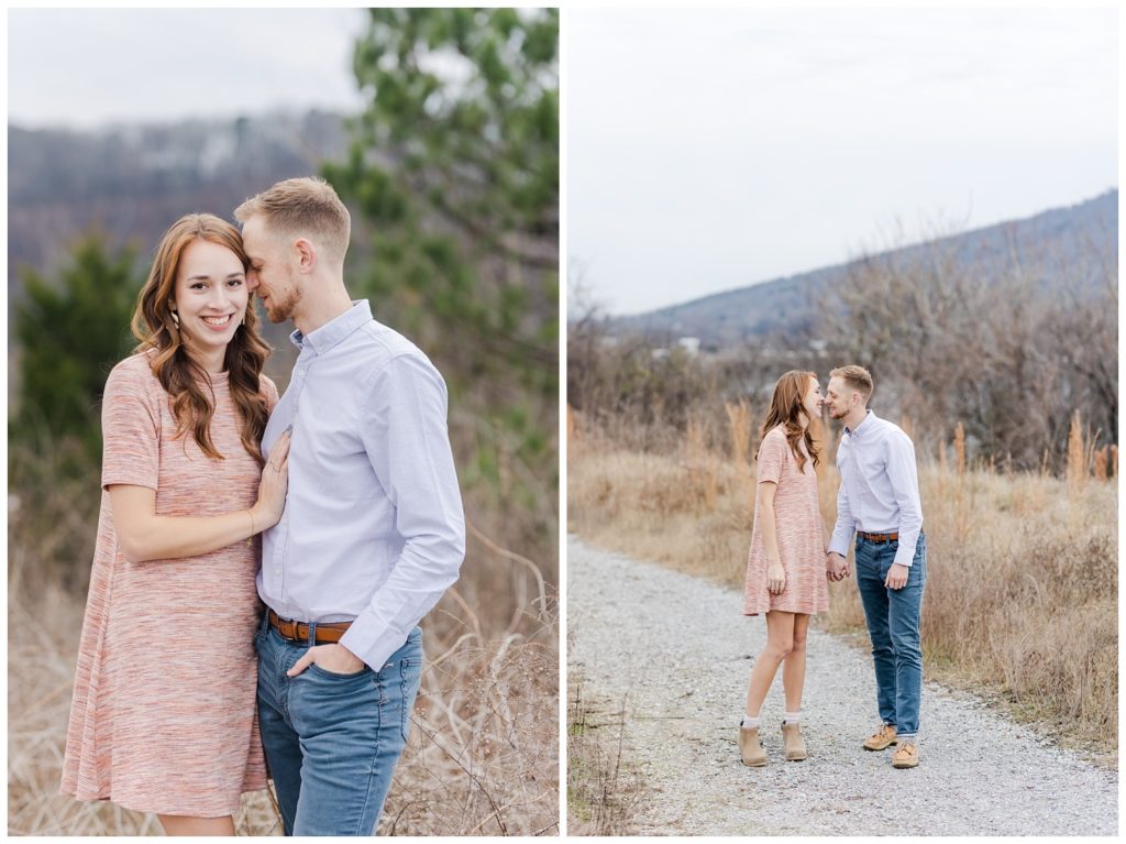 couple kissing on a rock path at downtown Chattanooga engagement session