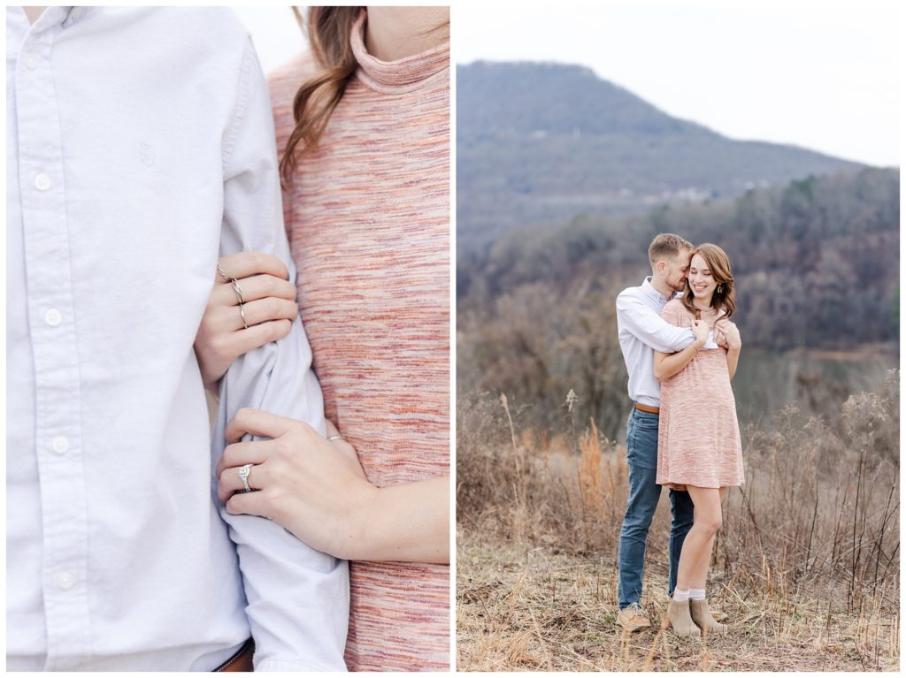 couple hugging at downtown Chattanooga engagement session