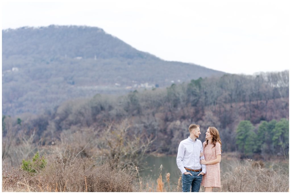 engaged couple smiling at Chattanooga winter photo session