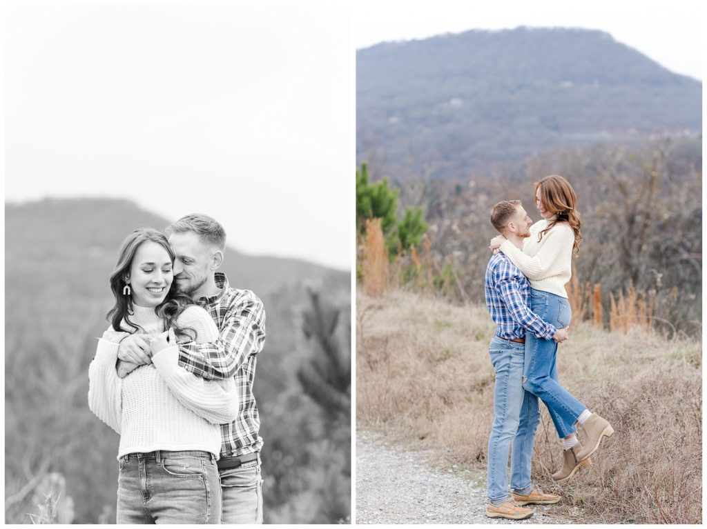 couple posing for winter engagement photos in Chattanooga