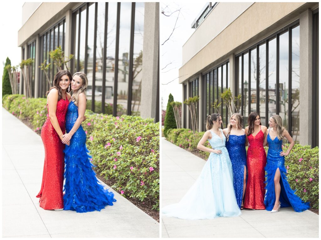 girls posing together for prom in front of the Westin Chattanooga