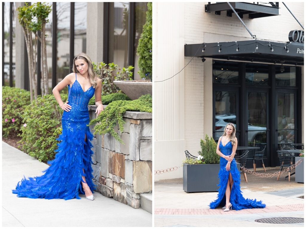senior girl standing on the corner sidewalk for prom pictures in Chattanooga