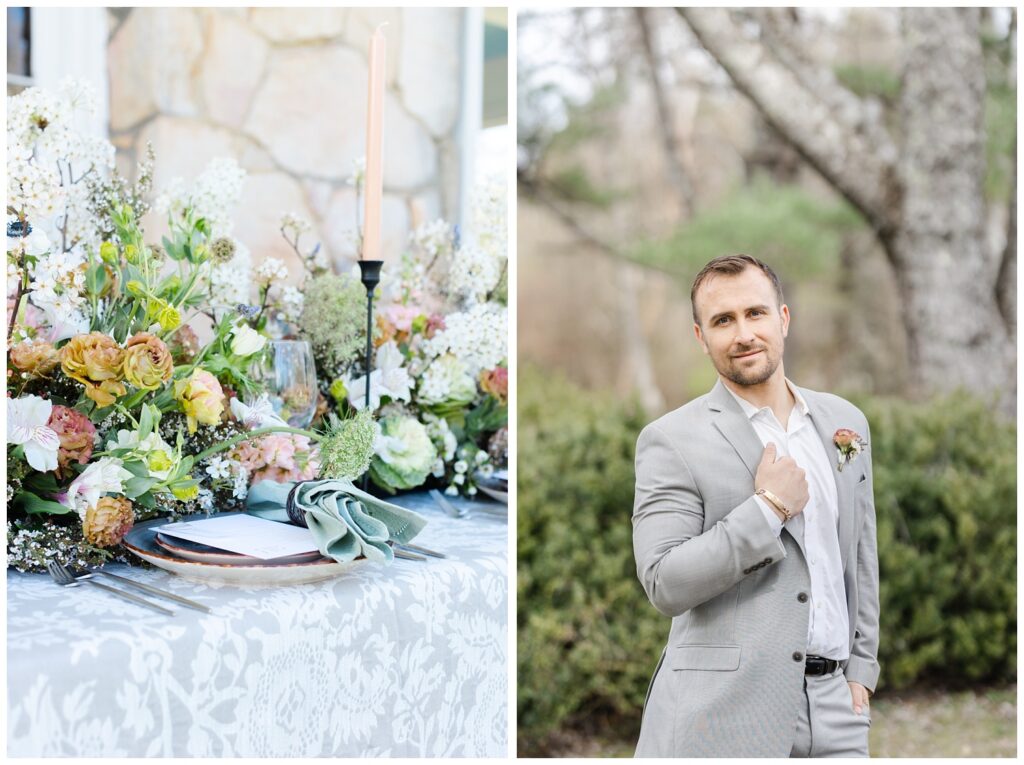 groom posing outside in a gray suit at Chattanooga wedding venue