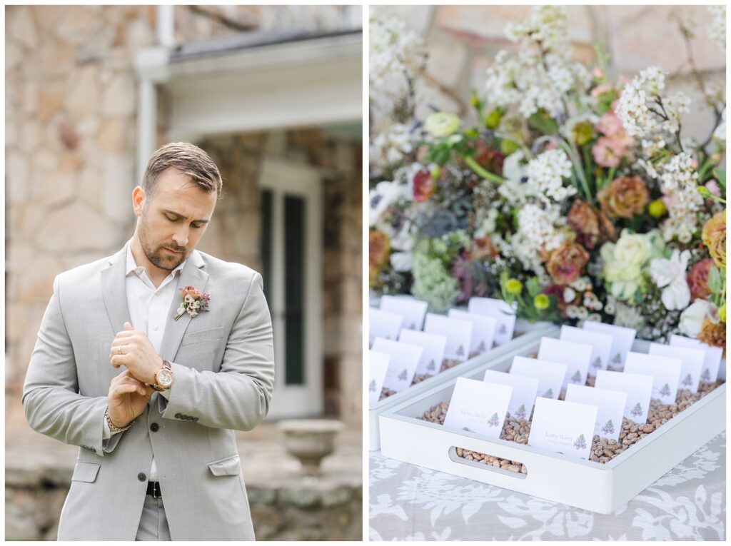 wedding place cards in white boxes in front of flowers at styled shoot