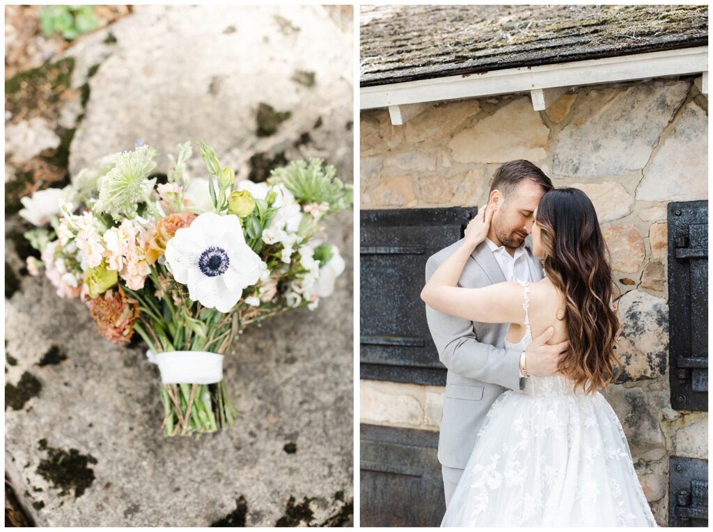 wedding styled shoot bouquet sitting on a stone walkway
