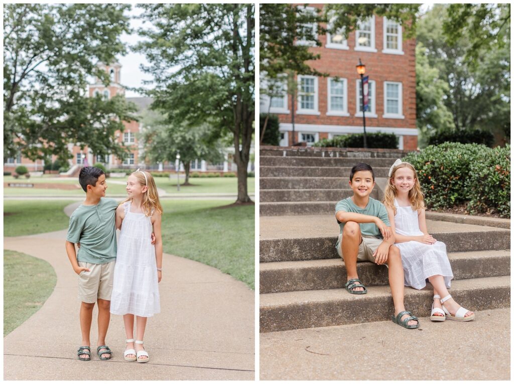 brother and sister sitting on the steps together at Lee University