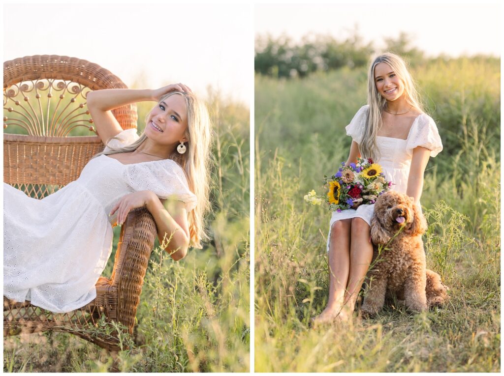 senior sitting on a bench next to her dog holding a bouquet of flowers 