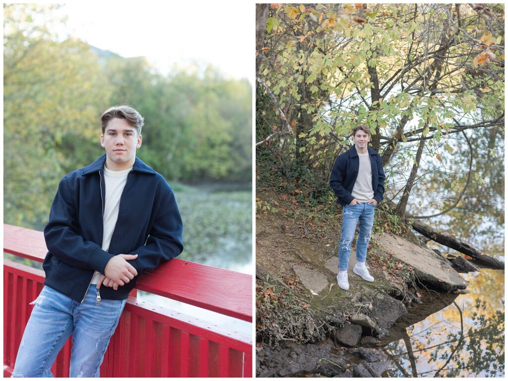 high school senior posing next to a creek at Baylor School in Chattanooga
