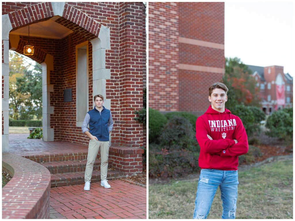 high school senior wearing a red sweatshirt and posing in front of a red brick building