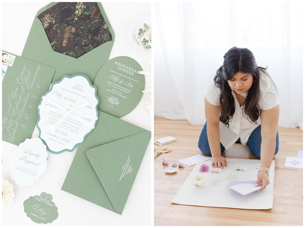 Chattanooga designer and calligrapher arranging her flat lays for branding session