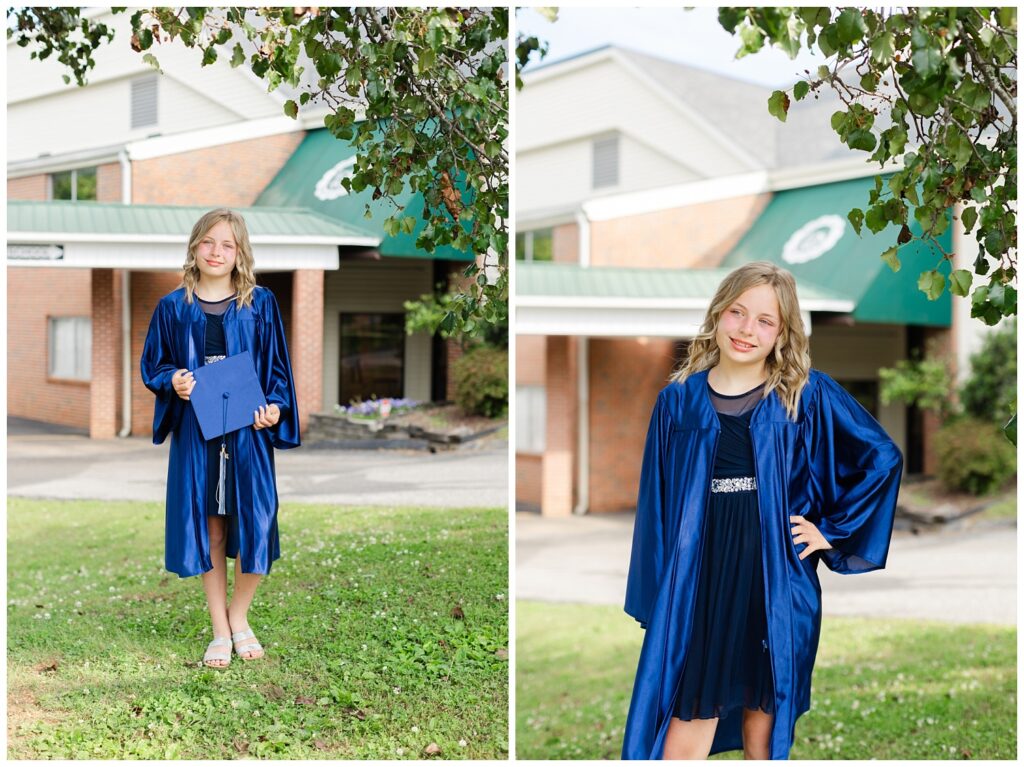 girl wearing a black dress and blue gown standing next to a tree