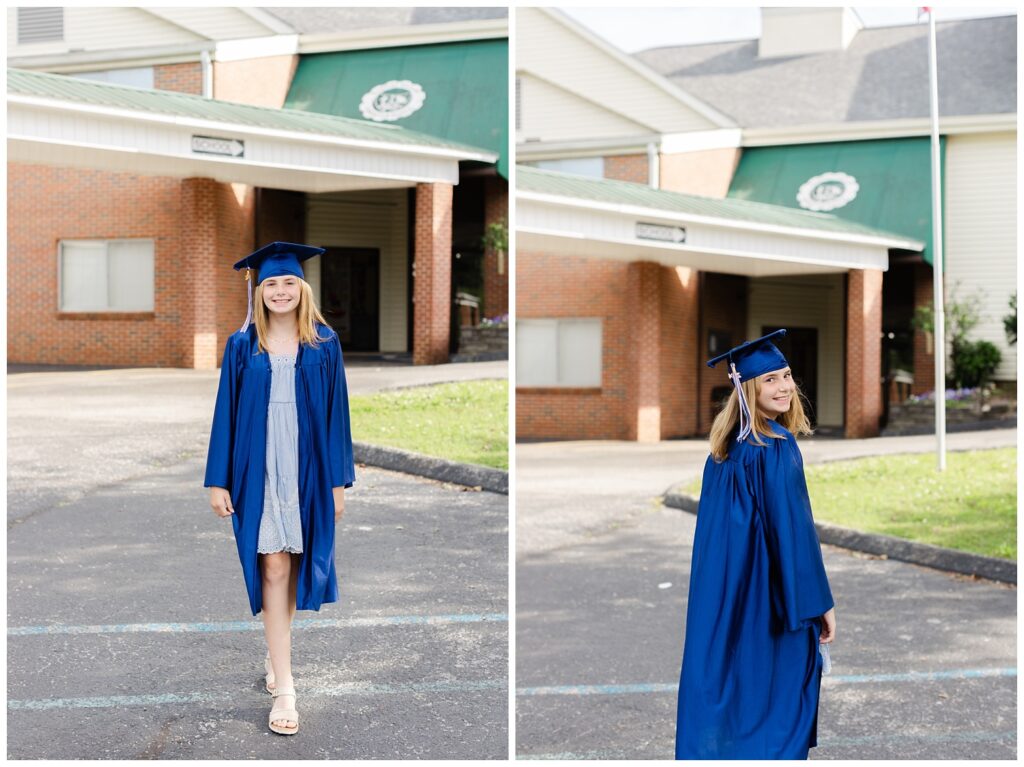 5th grader walking at her school and wearing a blue cap and gown