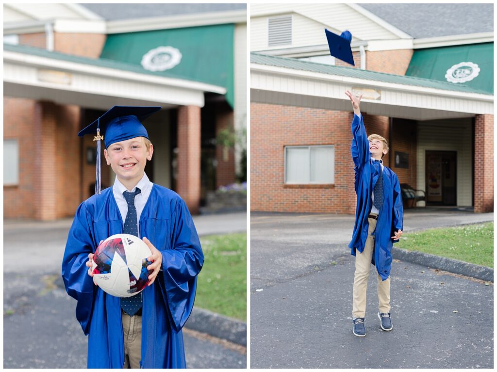 boy holding a soccer ball for Chattanooga cap and gown mini session