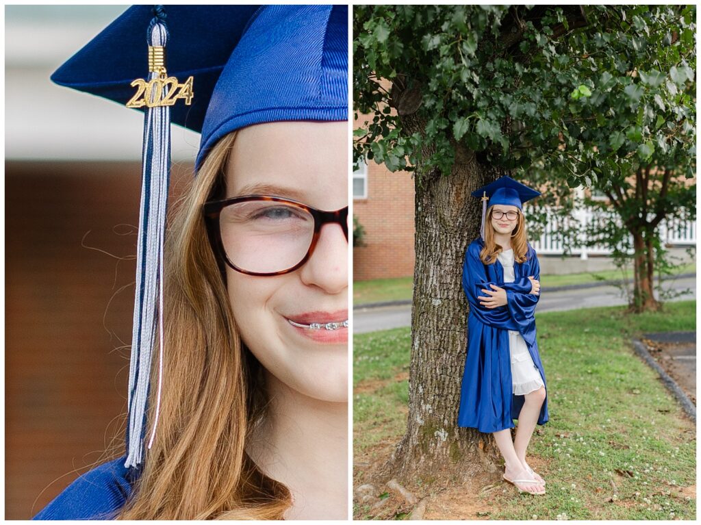 girl leaning against a tree with arms crossed for graduation mini session