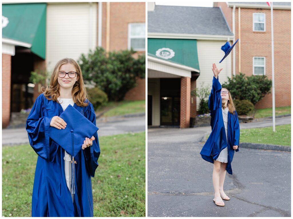 girl throwing her blue cap in the air in front of her school in Chattanooga