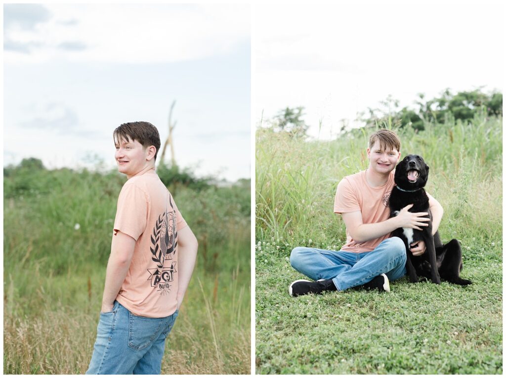 senior session with a black dog in a field in downtown Chattanooga