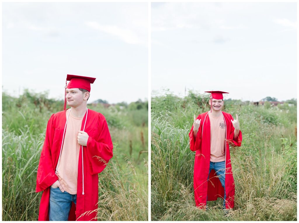 senior boy wearing his red graduation cap and gown in Chattanooga