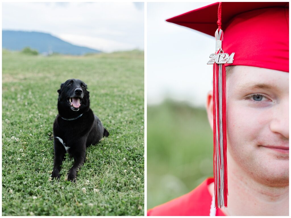 close up detail of a senior boy's red and gray tassel on a graduation cap