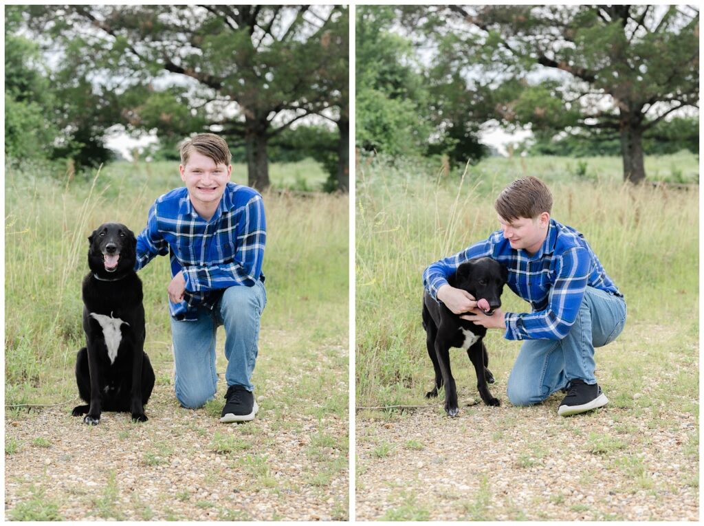 boy posing on a trail with his black dog in Chattanooga