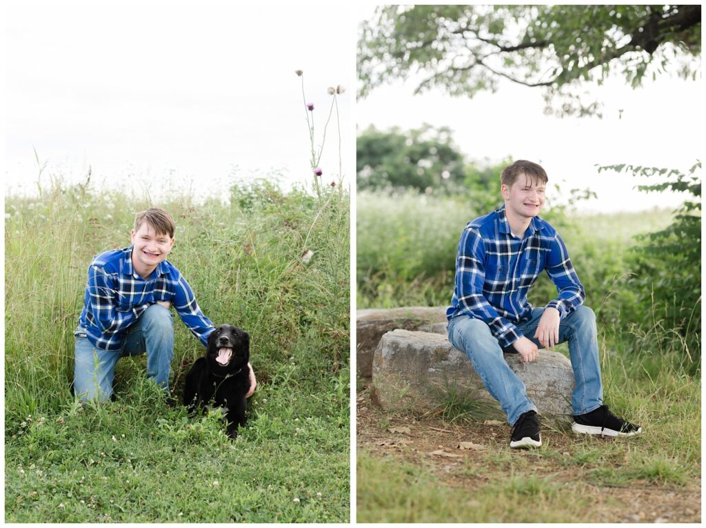 senior boy sitting on a rock for portrait session at Sculpture Fields