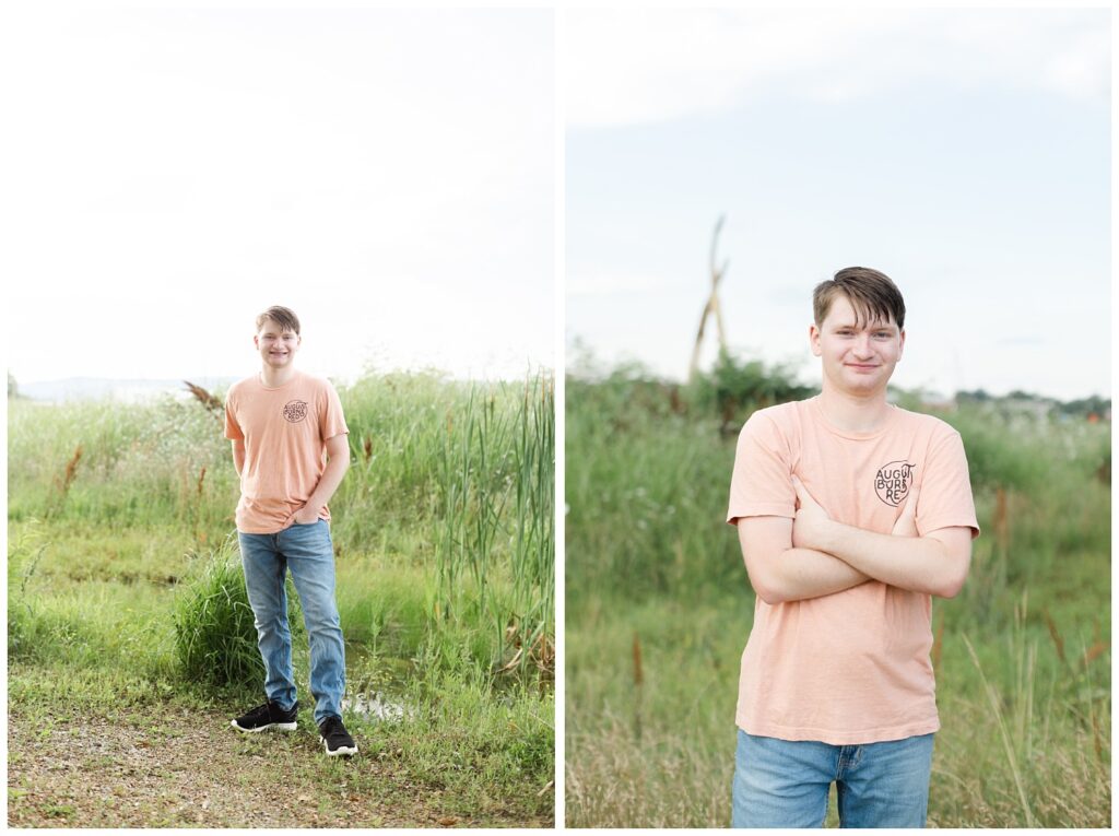 high school senior crossing his arms wearing an orange shirt in Chattanooga